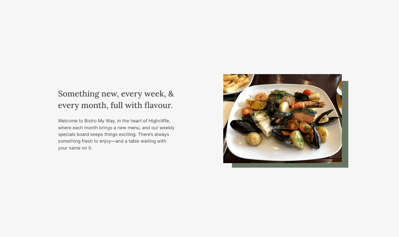 Top section showing a menu item and introducing the bistro