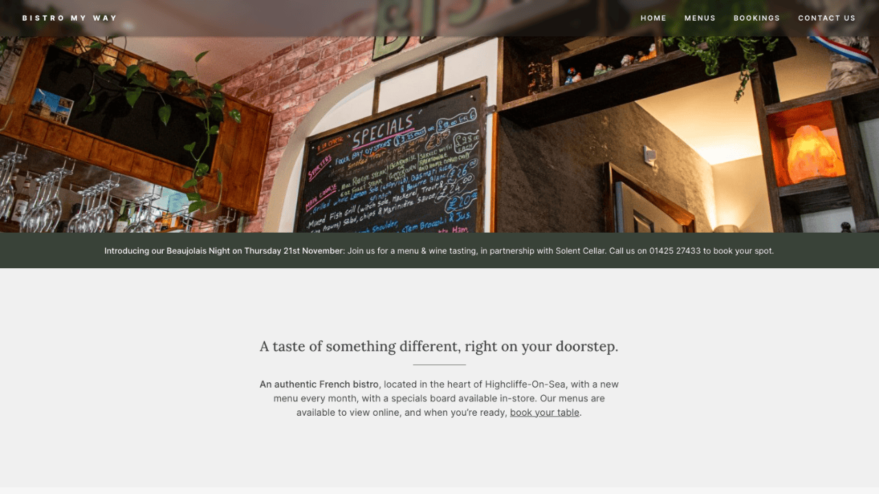 A screenshot of the top viewport of the bistro website