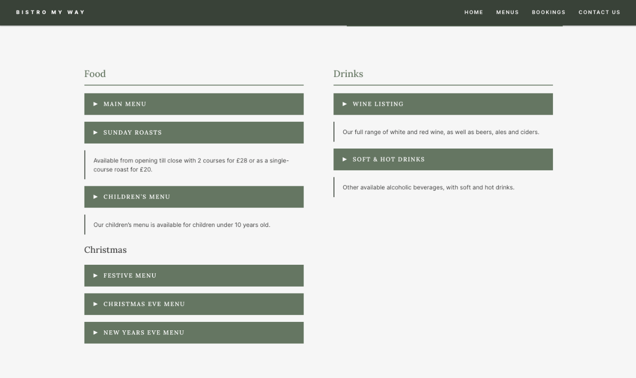 The menu page - showing the available menus that can be downloaded