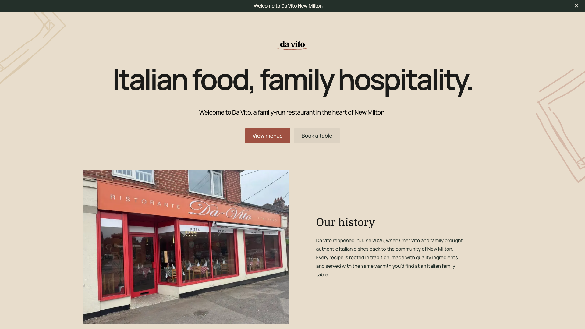The Da Vito homepage, with the headline 'Italian food, family hospitality.'