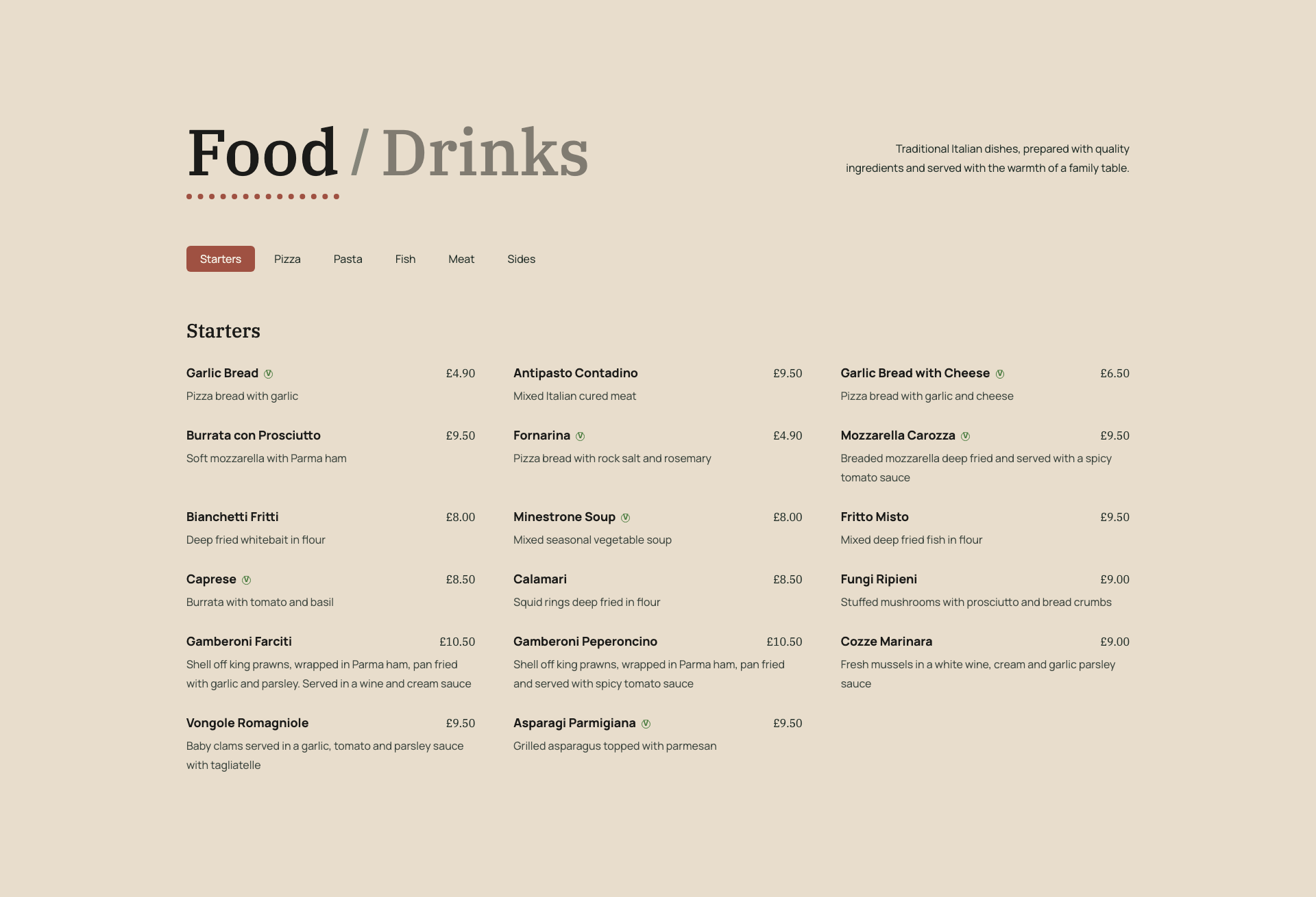 The food menu, showing starters with prices and vegetarian markers