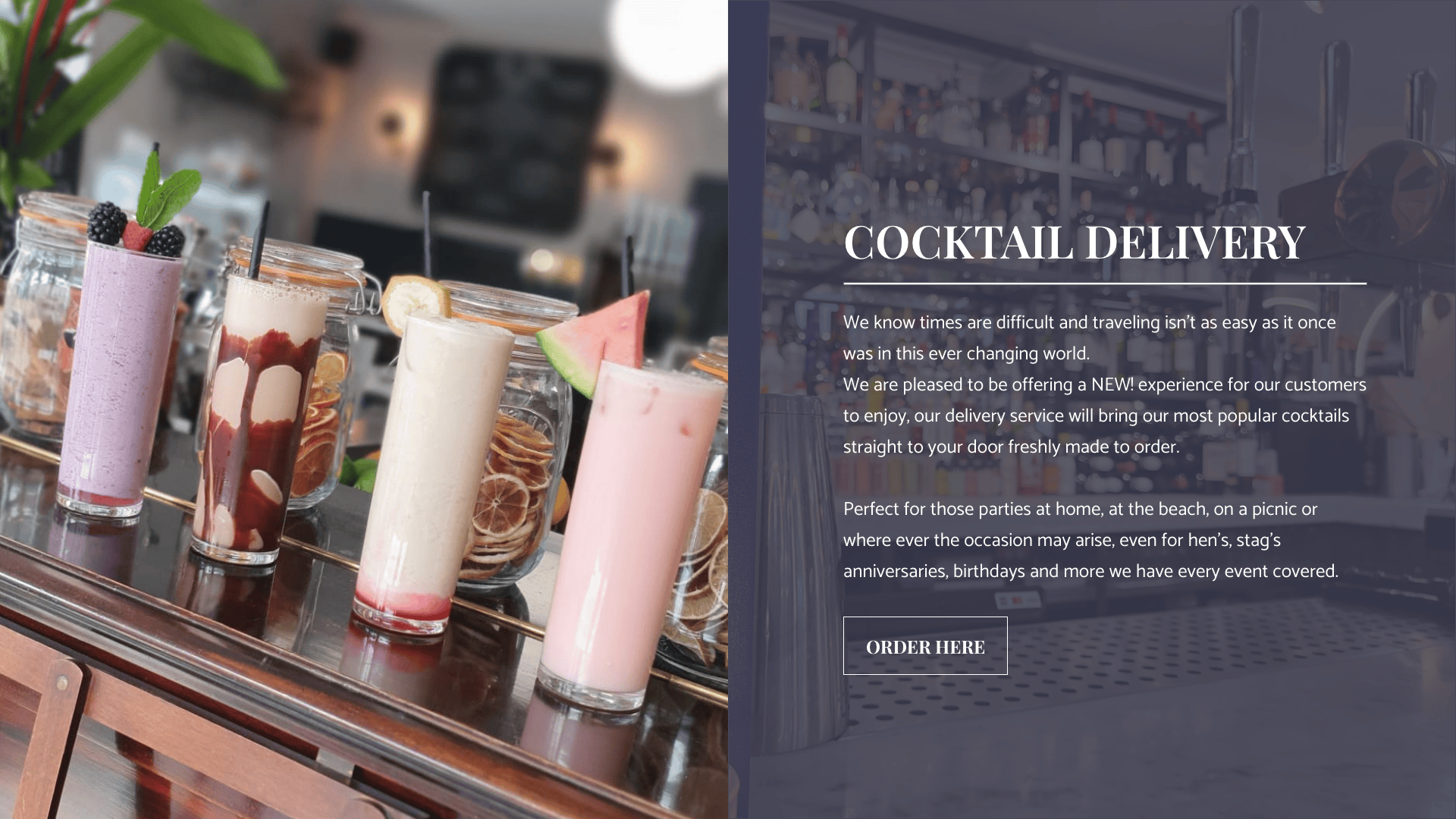 Cocktail section, showing a call to action to place an order